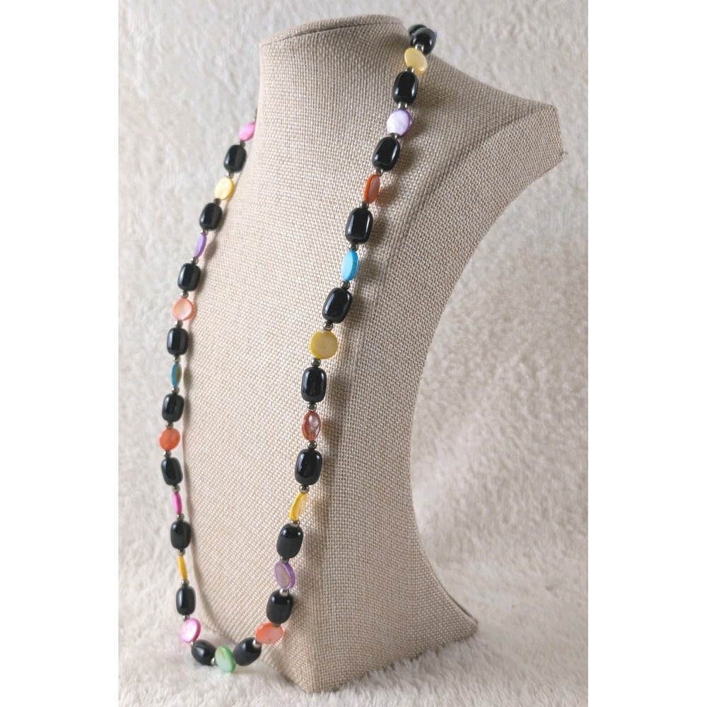 Long Multicolor Beaded Necklace Black‎ Oval Beads Colorful Glass Statement